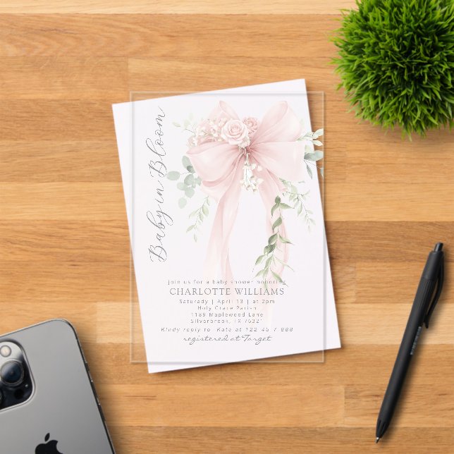 Gender neutral Greenery Bow Baby shower Acrylic Invitations (Insitu (Invitation Card))