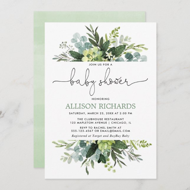 Gender neutral greenery foliage baby shower invitation (Front/Back)