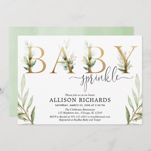 Gender neutral greenery green gold baby sprinkle invitation (Front/Back)