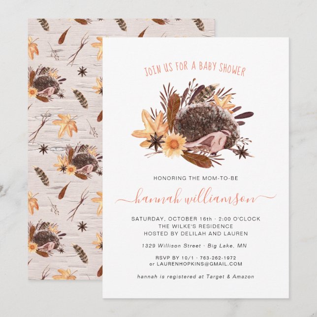 Gender Neutral Little Hedgehog Autumn Baby Shower Invitation (Front/Back)