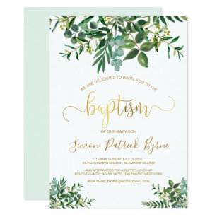 Gender neutral modern green & gold baptism invitation