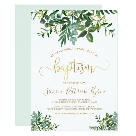 Gender neutral modern green & gold baptism invitation