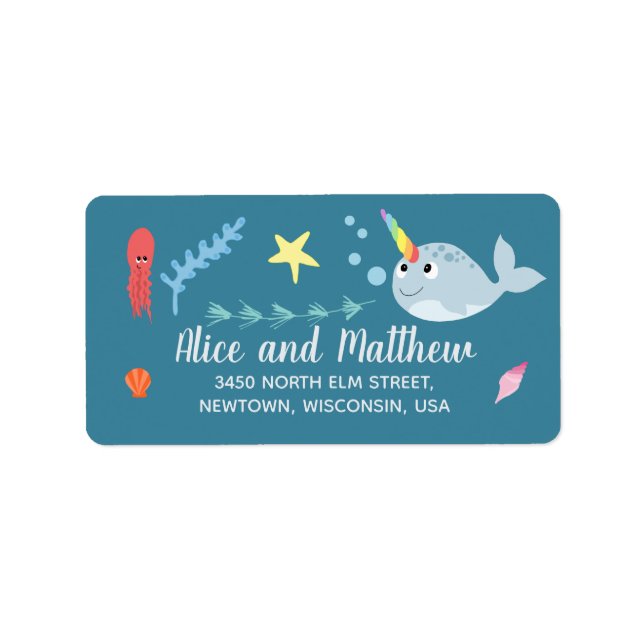 Gender Neutral Modern Narwhal Ocean Baby Shower Label (Front)