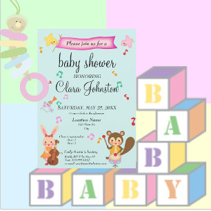 Gender Neutral Musical Animals Teal Baby Shower Invitation