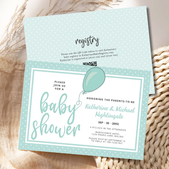 Gender Neutral Parents Mint QR Code Baby Shower Invitation (Gender Neutral Pastel Green Parents Baby Shower Invitation with QR code, balloon, polka dots.)