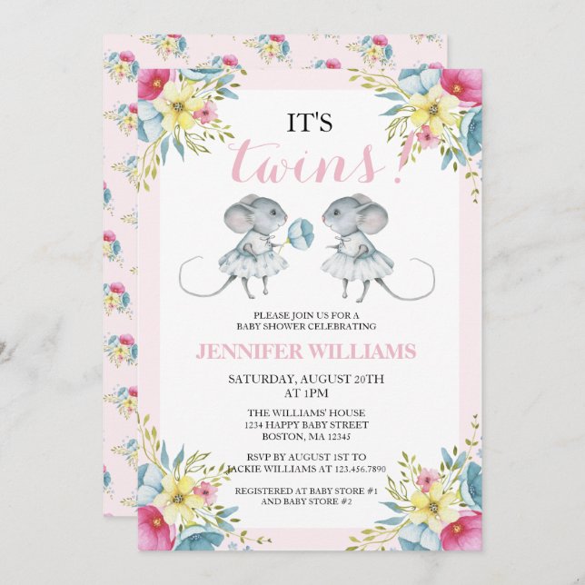 Gender Neutral Pink Girl & Girl Twins Baby Shower Invitation (Front/Back)