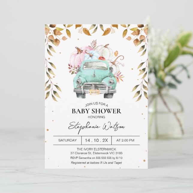 Gender Neutral Pumpkin Truck Foliage baby Shower  Invitation (Standing Front)