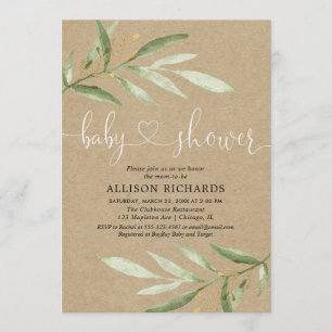 Gender neutral rustic kraft greenery baby shower invitation