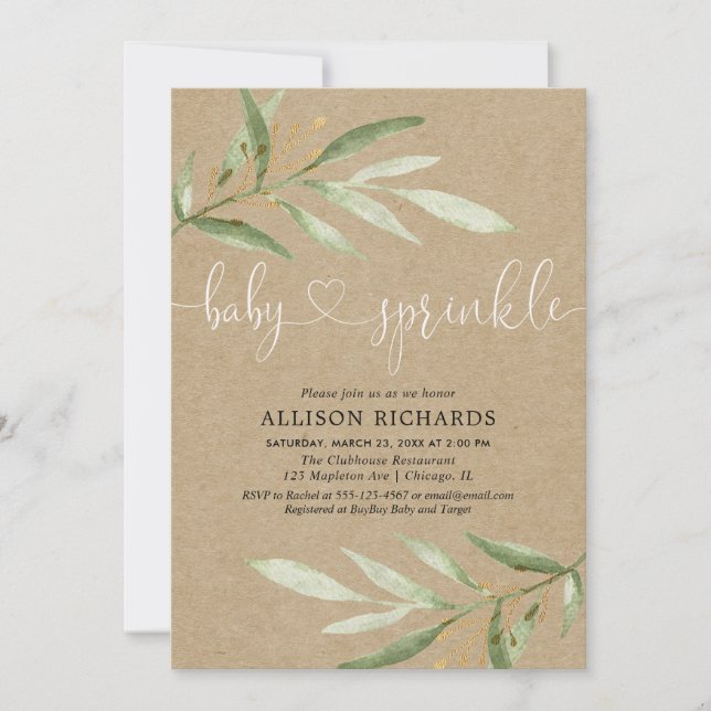 Gender neutral rustic kraft greenery baby sprinkle invitation (Front)