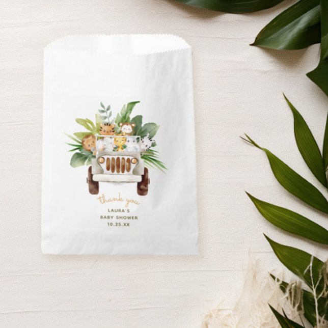 Gender Neutral Safari Animal Baby Shower Thank You Favour Bag (thank you bag for a safari baby shower with tropical leaves and jungle animals in a car)