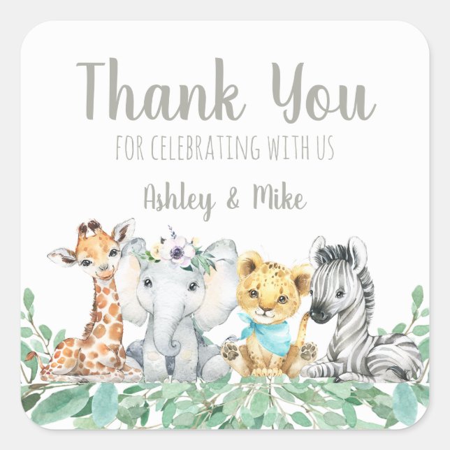 Gender Neutral Safari Baby Shower Thank You Favour Square Sticker (Front)