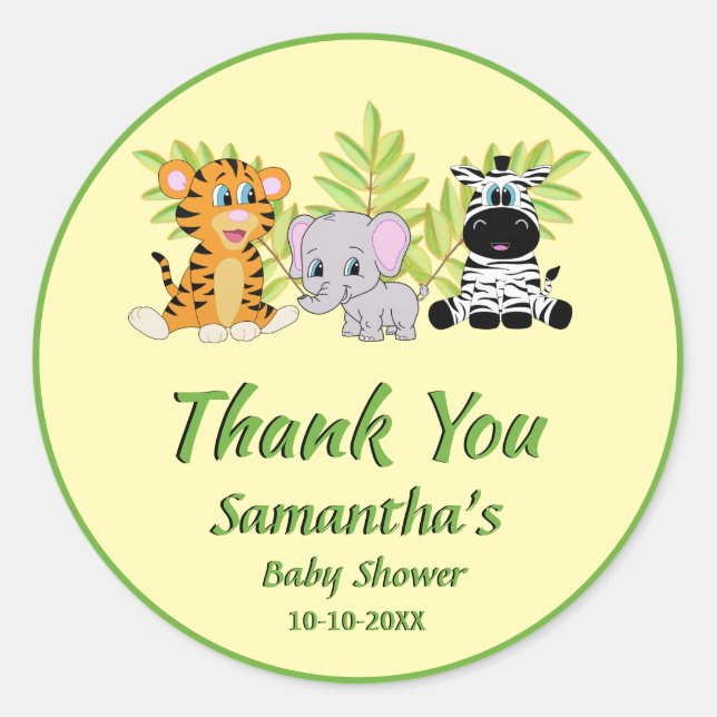 Gender Neutral Safari Jungle Baby Shower Thank You Classic Round Sticker (Front)