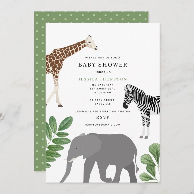 Gender Neutral Safari Wild Animals Baby Shower Invitation (Front/Back)