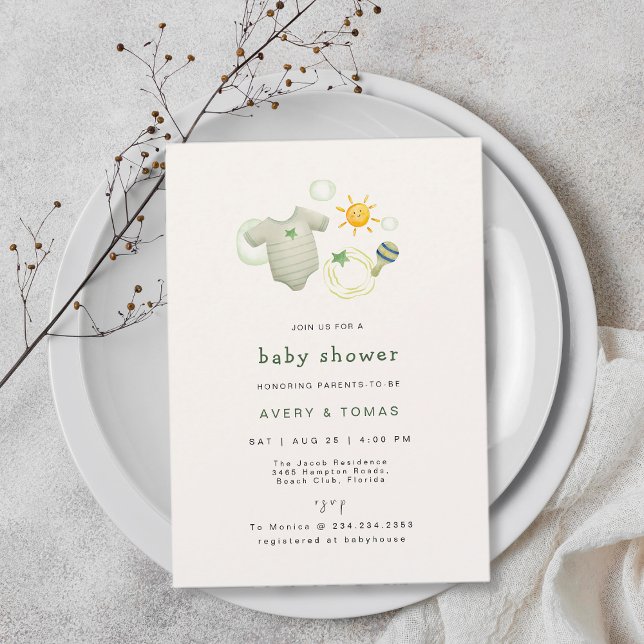 Gender Neutral Sage Green Baby Clothes Toys Shower Invitation (Gender Neutral Sage Green Baby Clothes Toys Shower Invitation)