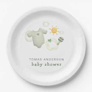 Gender Neutral Sage Green Baby Clothes Toys Shower Paper Plate