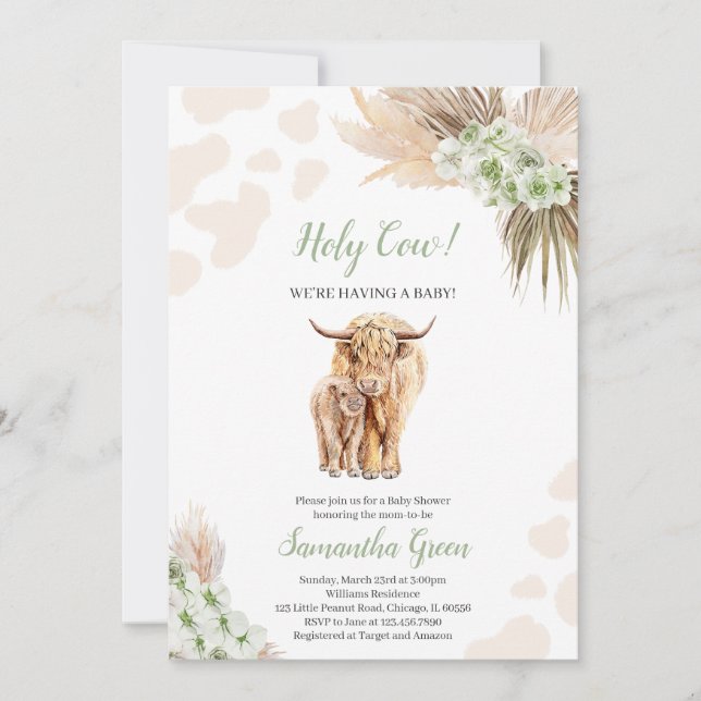 Gender Neutral Sage Green Highland Cow Baby Shower Invitation (Front)