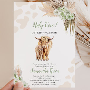 Gender Neutral Sage Green Highland Cow Baby Shower Invitation