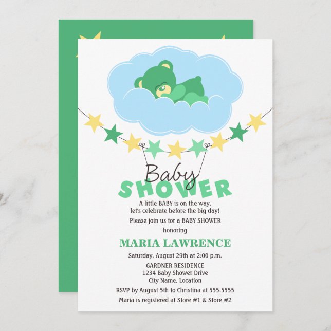 Gender Neutral Sleeping Teddy Bear Baby Shower Invitation (Front/Back)