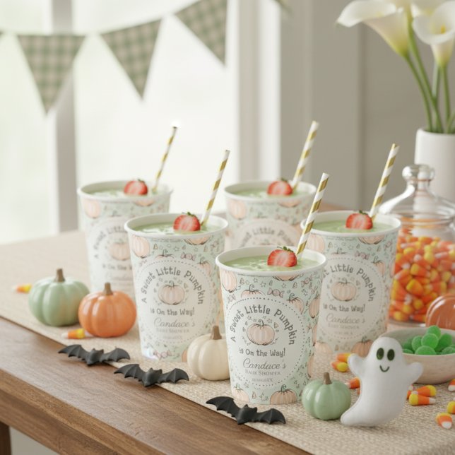 Gender Neutral Sweet Little Pumpkin Baby Shower Paper Cups (Cute Pastel Green Little Pumpkin Fall or Halloween Baby Shower Party Paper Cups. Gender Neutral )