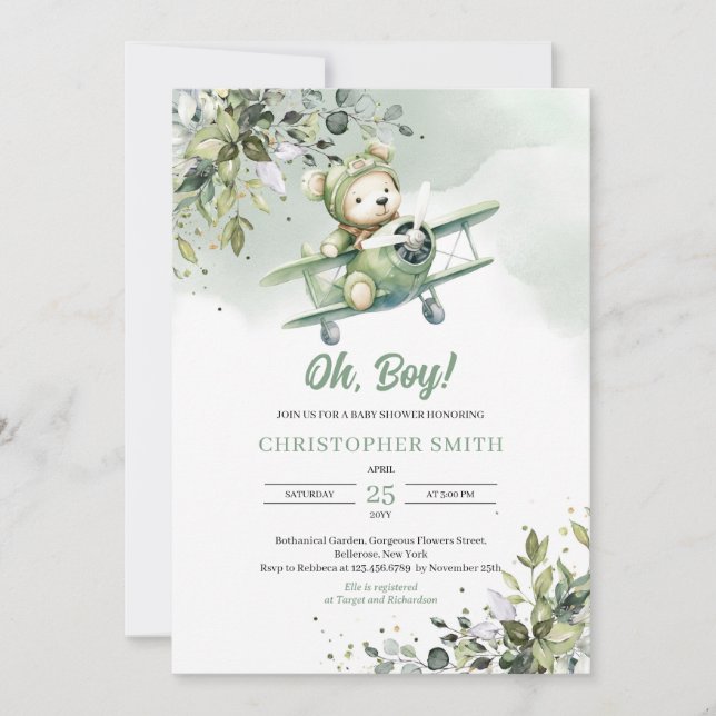 Gender neutral teddy bear pilot eucalyptus invitation (Front)