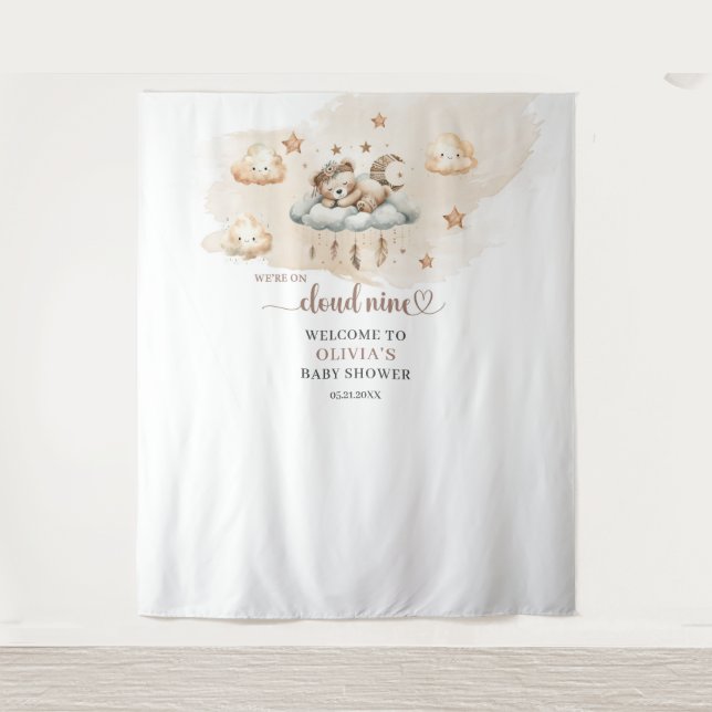 Gender neutral terracotta ivory cloud nine bear tapestry (Front)