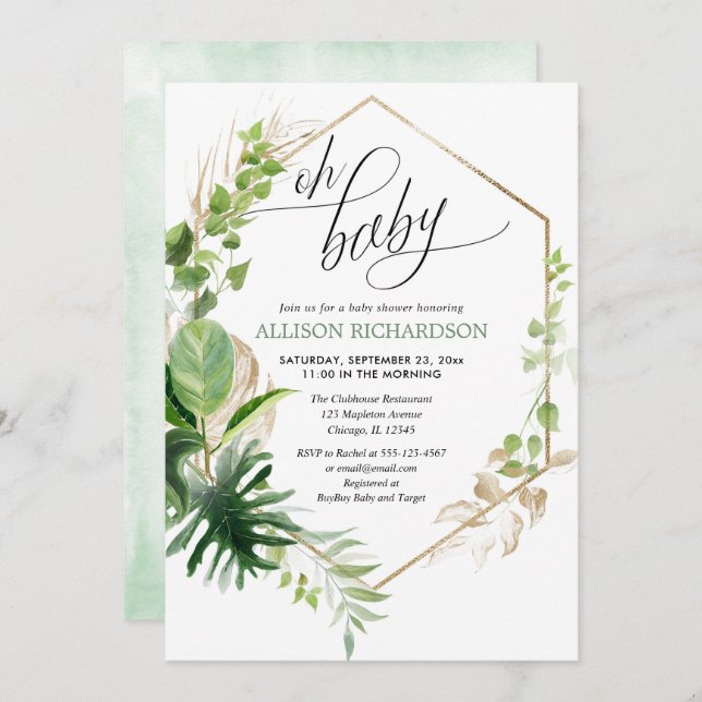 Gender neutral tropical gold greenery baby shower invitation (Front/Back)
