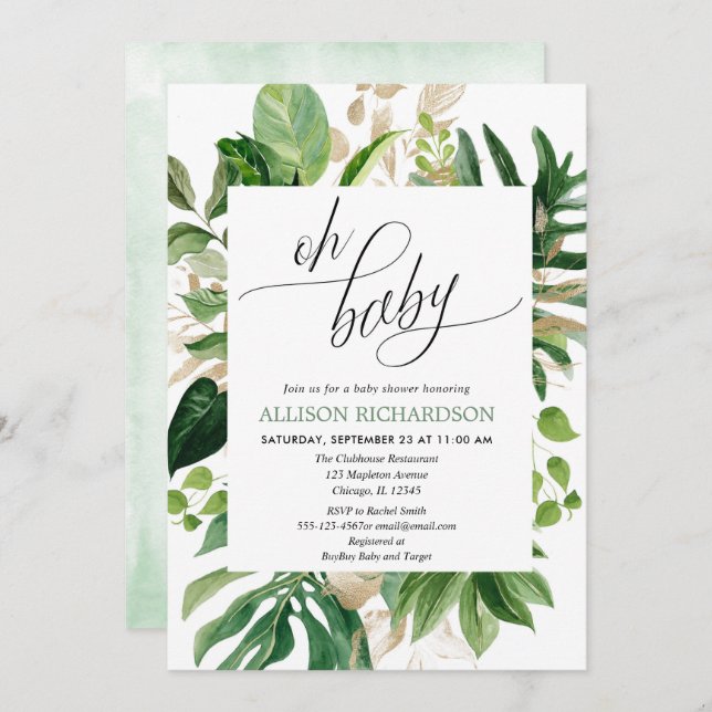 Gender neutral tropical greenery gold baby shower invitation (Front/Back)