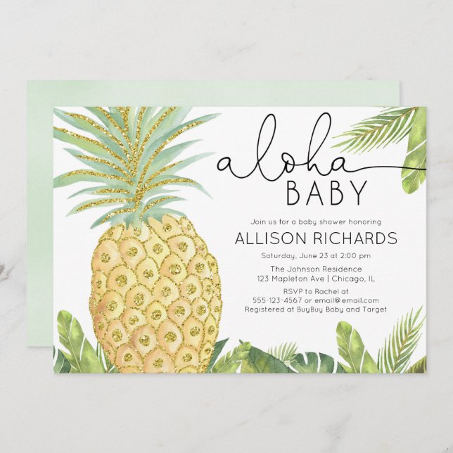 Gender neutral tropical pineapple baby shower invitation (Front/Back)