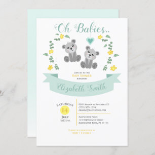 Gender neutral Twin Cute bear baby shower Invitation