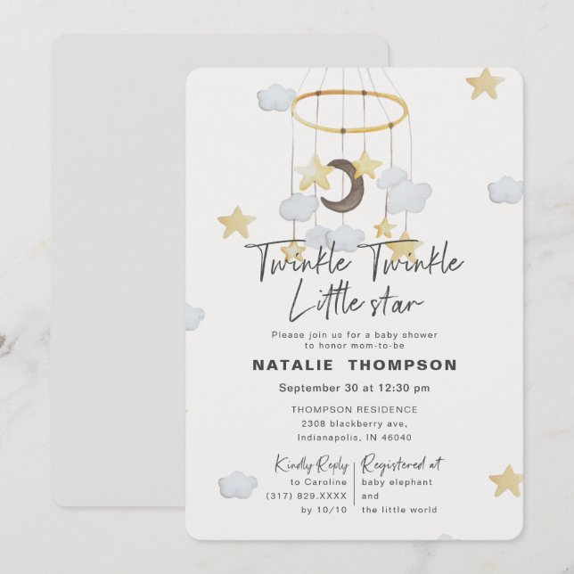 Gender Neutral Twinkle Little Star Baby Shower Invitation (Front/Back)