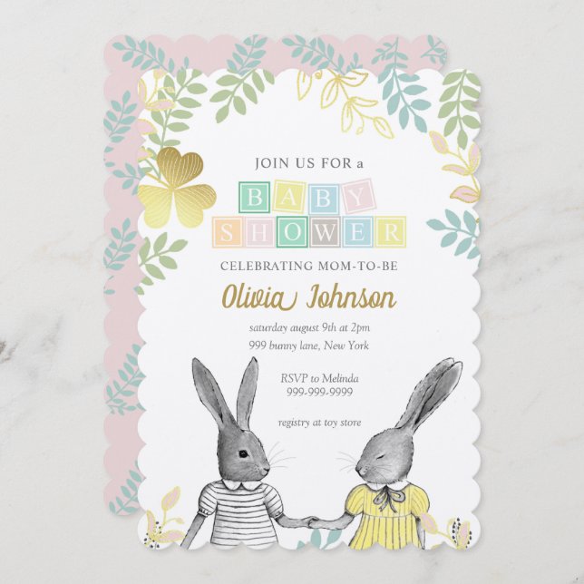 Gender Neutral Whimsical Rustic Bunny Baby Shower  Invitation (Front/Back)