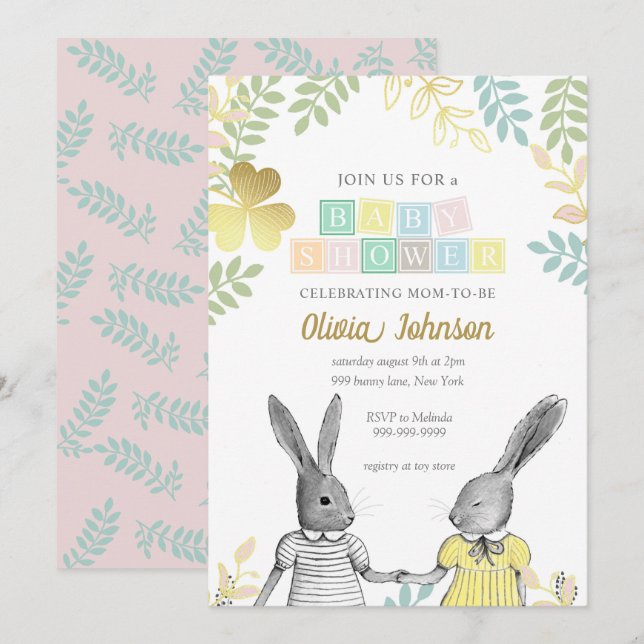Gender Neutral Whimsical Rustic Bunny Baby Shower Invitation (Front/Back)