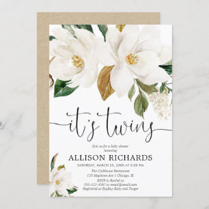 Gender neutral white floral Twins baby shower Invitation