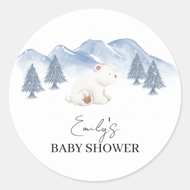 Gender Neutral Winter Polar Bear Baby Shower  Classic Round Sticker (Front)