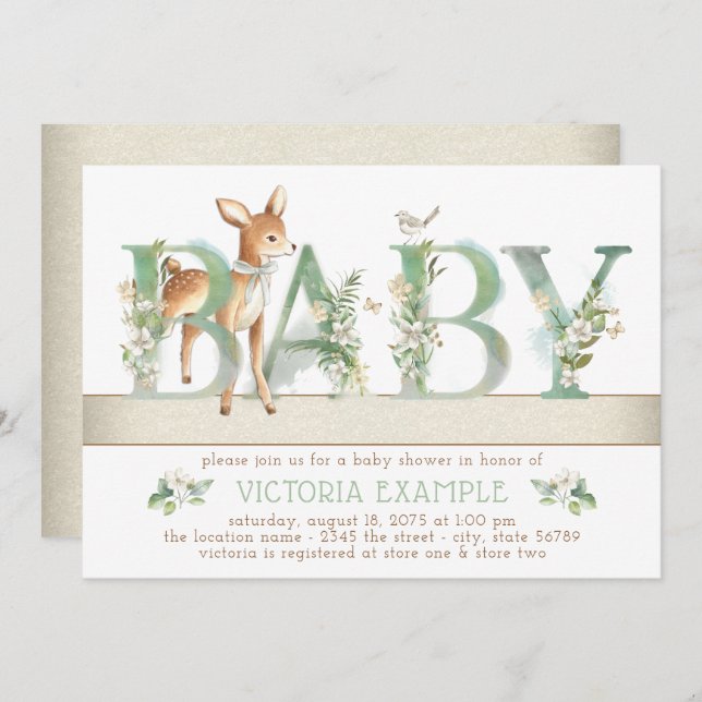 Gender Neutral Woodland Deer Baby Shower Invitation (Front/Back)