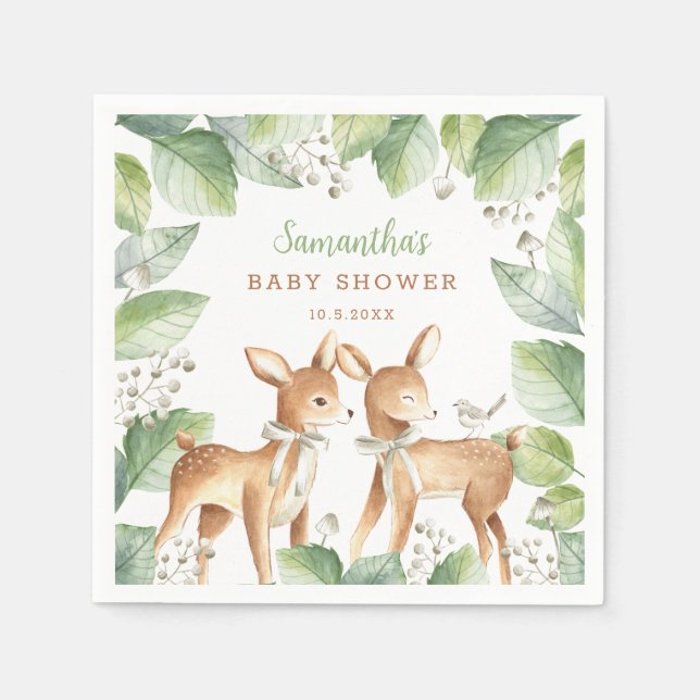 Gender Neutral Woodland Deer Twins Baby Shower Napkin (Front)
