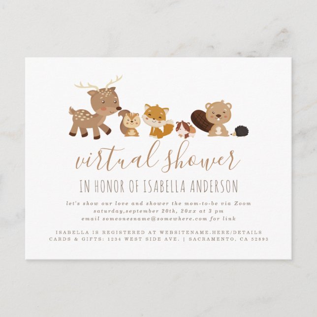Gender Neutral Woodland Themed Virtual Baby Shower Invitation Postcard (Front)