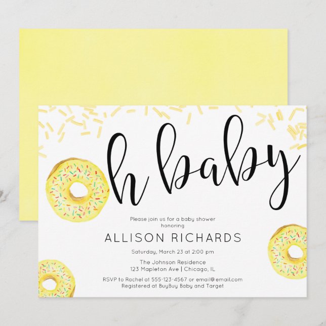 Gender neutral yellow Oh baby Doughnut baby shower Invitation (Front/Back)