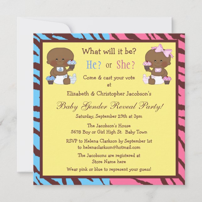 Gender Reveal African American Babies & Cupcakes Invitation (Front)