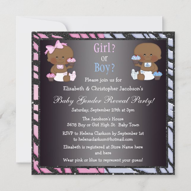 Gender Reveal African American Babies & Cupcakes Invitation (Front)