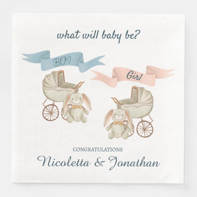 Gender Reveal Baby Bunny Pink or Blue Napkin (Front)