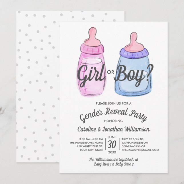 Gender Reveal Baby Party Invitation Girl or Boy (Front/Back)