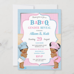 Gender Reveal Baby Q BBQ Pink Blue Gingham Invitation