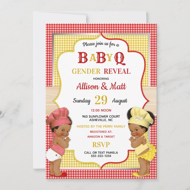 Gender Reveal Baby Q BBQ Red Yellow Gingham Invitation (Front)