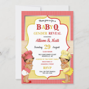 Gender Reveal Baby Q BBQ Red Yellow Gingham Invitation
