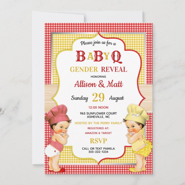 Gender Reveal Baby Q BBQ Red Yellow Gingham Invitation (Front)