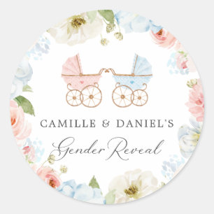 Gender Reveal Baby Shower Blue and Pink Floral Classic Round Sticker