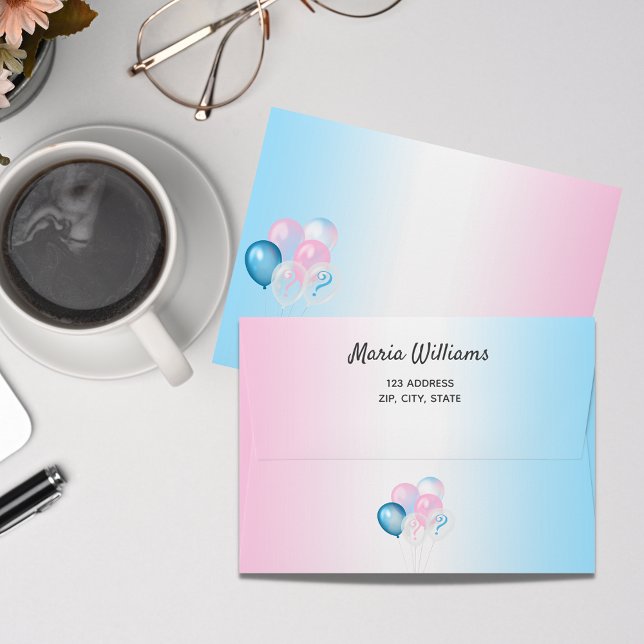 Gender reveal baby shower blue pink balloons envelope (Creator Uploaded)