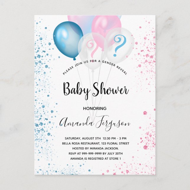 Gender reveal baby shower blue pink boy girl invit invitation postcard (Front)