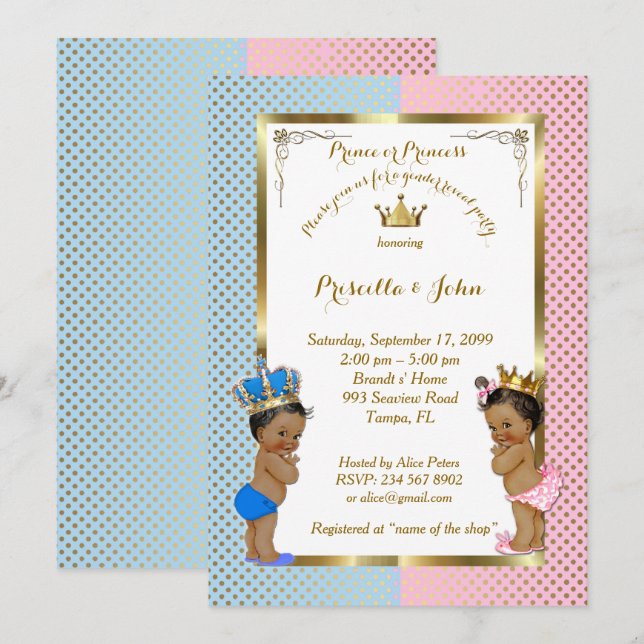 Gender Reveal Baby Shower, blue, pink, gold 2 Invitation (Front/Back)